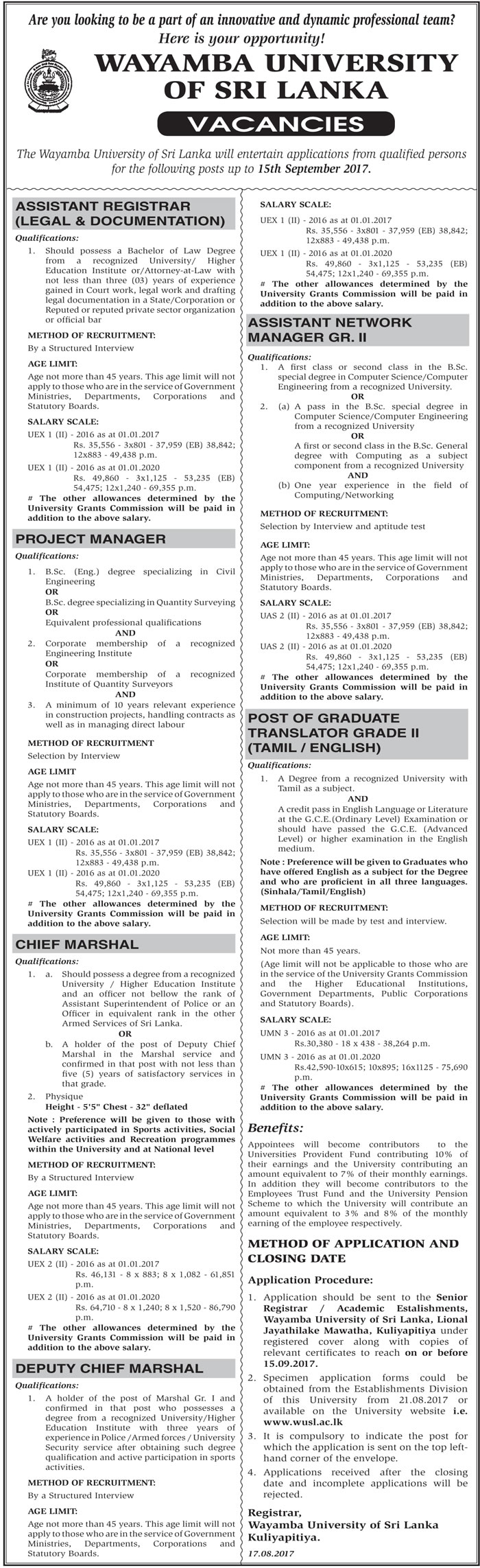 Assistant Registrar (Legal & Documentation), Project Manager, Chief Marshal, Deputy Chief Marshal, Assistant Network Manager, Graduate Translator (Tamil / English) - Wayamba University of Sri Lanka